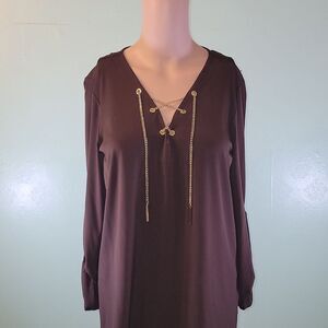 Michael Kors Coffee Poly Blend Women's Long Sleeve V-Neck Pullover Shirt S